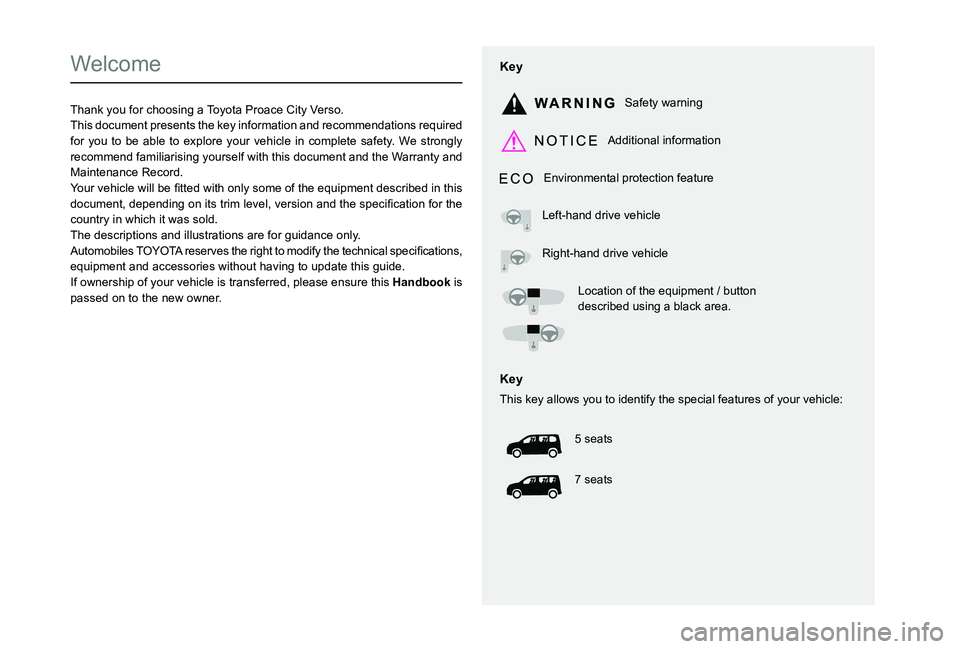 TOYOTA PROACE CITY VERSO 2019 Owners Manual
Welcome
Thank you for choosing a Toyota Proace City Verso.This document presents the key information and recommendations required for you to be able to e TOYOTA PROACE CITY VERSO 2019 Owners Manual
Welcome
Thank you for choosing a Toyota Proace City Verso.This document presents the key information and recommendations required for you to be able to e
