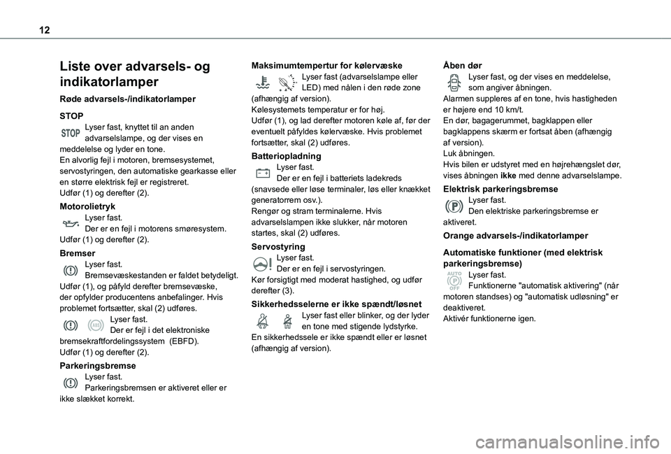 TOYOTA PROACE CITY VERSO 2019 Brugsanvisning (in Danish) 12
Liste over advarsels- og
indikatorlamper
Røde advarsels-/indikatorlamper
STOPLyser fast, knyttet til an anden advarselslampe, og der vises en meddelelse og lyder en tone.En alvorlig fejl i motore TOYOTA PROACE CITY VERSO 2019 Brugsanvisning (in Danish) 12
Liste over advarsels- og
indikatorlamper
Røde advarsels-/indikatorlamper
STOPLyser fast, knyttet til an anden advarselslampe, og der vises en meddelelse og lyder en tone.En alvorlig fejl i motore