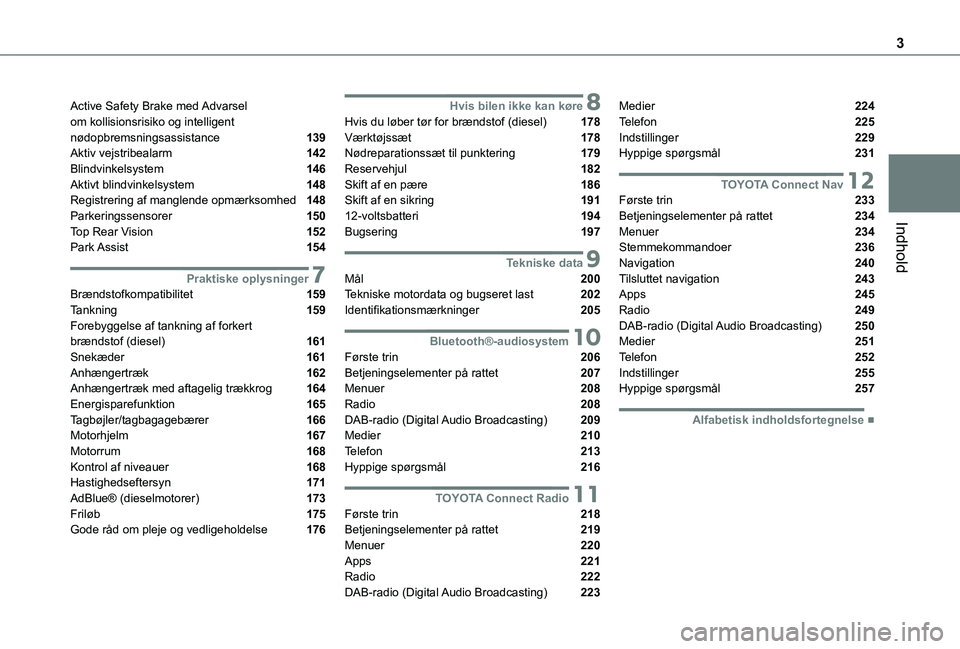 TOYOTA PROACE CITY VERSO 2019  Brugsanvisning (in Danish) 3
Indhold
Active Safety Brake med Advarsel om kollisionsrisiko og intelligent nødopbremsningsassistance  139Aktiv vejstribealarm  142Blindvinkelsystem  146Aktivt blindvinkelsystem  148Registrering af