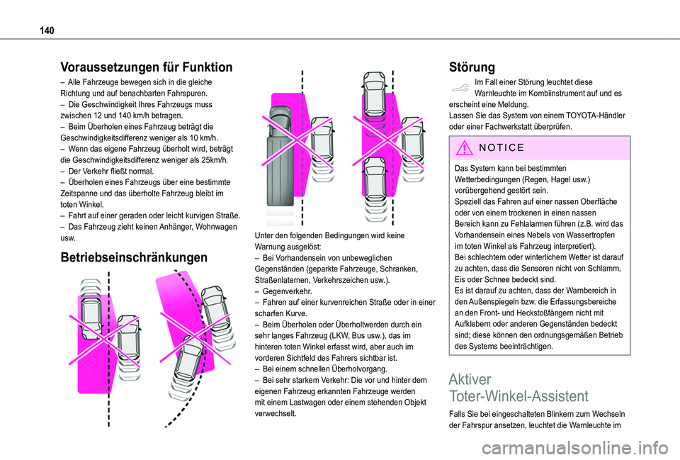 TOYOTA PROACE CITY VERSO 2019 Betriebsanleitungen (in German) 140
Voraussetzungen für Funktion
– Alle Fahrzeuge bewegen sich in die gleiche Richtung und auf benachbarten Fahrspuren.– Die Geschwindigkeit Ihres Fahrzeugs muss zwischen 12 und 140 km/h betrage TOYOTA PROACE CITY VERSO 2019 Betriebsanleitungen (in German) 140
Voraussetzungen für Funktion
– Alle Fahrzeuge bewegen sich in die gleiche Richtung und auf benachbarten Fahrspuren.– Die Geschwindigkeit Ihres Fahrzeugs muss zwischen 12 und 140 km/h betrage