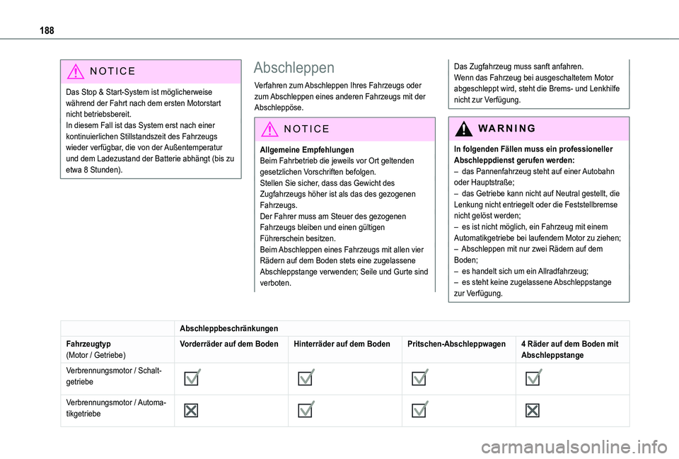 TOYOTA PROACE CITY VERSO 2019 Betriebsanleitungen (in German) 188
NOTIC E
Das Stop & Start-System ist möglicherweise während der Fahrt nach dem ersten Motorstart nicht betriebsbereit.In diesem Fall ist das System erst nach einer kontinuierlichen Stillstandszei TOYOTA PROACE CITY VERSO 2019 Betriebsanleitungen (in German) 188
NOTIC E
Das Stop & Start-System ist möglicherweise während der Fahrt nach dem ersten Motorstart nicht betriebsbereit.In diesem Fall ist das System erst nach einer kontinuierlichen Stillstandszei