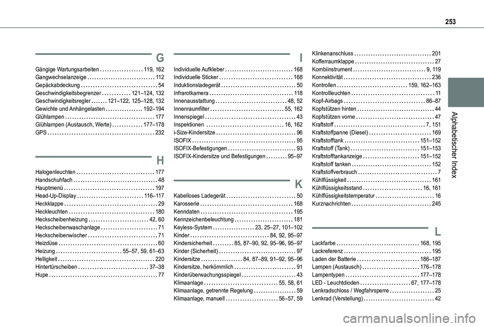 TOYOTA PROACE CITY VERSO 2019 Betriebsanleitungen (in German) 253
Alphabetischer Index
G
Gängige Wartungsarbeiten 11 9, 162Gangwechselanzeige 11 2Gepäckabdeckung 54Geschwindigkeitsbegrenzer 121–124, 132Geschwindigkeitsregler 121–122, 125–128, 1 TOYOTA PROACE CITY VERSO 2019 Betriebsanleitungen (in German) 253
Alphabetischer Index
G
Gängige Wartungsarbeiten 11 9, 162Gangwechselanzeige 11 2Gepäckabdeckung 54Geschwindigkeitsbegrenzer 121–124, 132Geschwindigkeitsregler 121–122, 125–128, 1