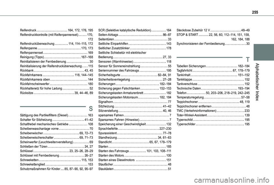 TOYOTA PROACE CITY VERSO 2019 Betriebsanleitungen (in German) 255
Alphabetischer Index
Reifendruck 164, 172, 176, 195Reifendruckkontrolle (mit Reifenpannenset) 170, 172Reifendrucküberwachung 11 4, 11 4–11 5, 172Reifenpanne 170, 173Reifenpannenset TOYOTA PROACE CITY VERSO 2019 Betriebsanleitungen (in German) 255
Alphabetischer Index
Reifendruck 164, 172, 176, 195Reifendruckkontrolle (mit Reifenpannenset) 170, 172Reifendrucküberwachung 11 4, 11 4–11 5, 172Reifenpanne 170, 173Reifenpannenset