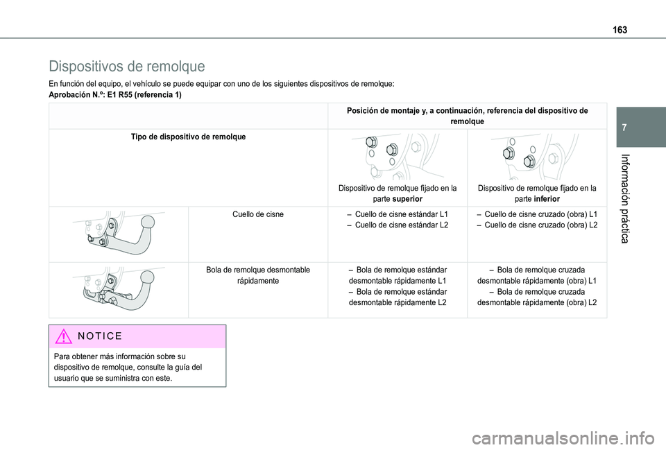 TOYOTA PROACE CITY VERSO 2019 Manual del propietario (in Spanish) 163
Información práctica
7
Dispositivos de remolque
En función del equipo, el vehículo se puede equipar con uno de los\
siguientes dispositivos de remolque:Aprobación N.º: E1 R55 (referencia 1) TOYOTA PROACE CITY VERSO 2019 Manual del propietario (in Spanish) 163
Información práctica
7
Dispositivos de remolque
En función del equipo, el vehículo se puede equipar con uno de los\
siguientes dispositivos de remolque:Aprobación N.º: E1 R55 (referencia 1)