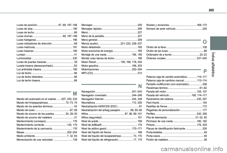 TOYOTA PROACE CITY VERSO 2019 Manual del propietario (in Spanish) 265
Índice alfabético
Luces de posición 67, 69, 187–188Luces de stop 190Luces de techo 66Luces diurnas 69, 187–188Luces halógenas 186Luces indicadores de dirección 68Luces matríc TOYOTA PROACE CITY VERSO 2019 Manual del propietario (in Spanish) 265
Índice alfabético
Luces de posición 67, 69, 187–188Luces de stop 190Luces de techo 66Luces diurnas 69, 187–188Luces halógenas 186Luces indicadores de dirección 68Luces matríc