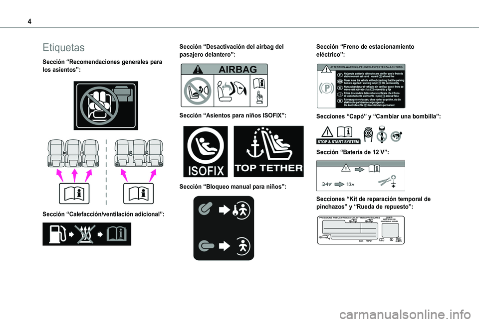 TOYOTA PROACE CITY VERSO 2019 Manual del propietario (in Spanish) 4
Etiquetas
Sección “Recomendaciones generales para los asientos”:
Sección “Calefacción/ventilación adicional”:
Sección “Desactivación del airbag del pasajero delantero”:
TOYOTA PROACE CITY VERSO 2019 Manual del propietario (in Spanish) 4
Etiquetas
Sección “Recomendaciones generales para los asientos”:
Sección “Calefacción/ventilación adicional”:
Sección “Desactivación del airbag del pasajero delantero”: