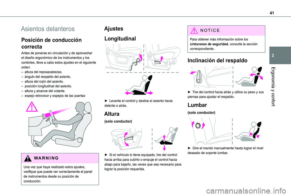 TOYOTA PROACE CITY VERSO 2019 Manual del propietario (in Spanish) 41
Ergonomía y confort
3
Asientos delanteros
Posición de conducción
correcta
Antes de ponerse en circulación y de aprovechar el diseño ergonómico de los instrumentos y los controles, lleve a ca TOYOTA PROACE CITY VERSO 2019 Manual del propietario (in Spanish) 41
Ergonomía y confort
3
Asientos delanteros
Posición de conducción
correcta
Antes de ponerse en circulación y de aprovechar el diseño ergonómico de los instrumentos y los controles, lleve a ca