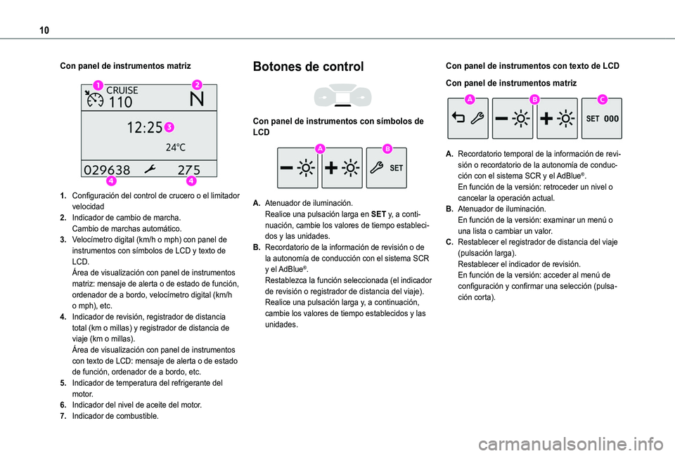 TOYOTA PROACE CITY VERSO 2019 Manual del propietario (in Spanish) 10
Con panel de instrumentos matriz
1.Configuración del control de crucero o el limitador velocidad
2.Indicador de cambio de marcha.Cambio de marchas automático.
3.Velocímetro digital (km/h o mp TOYOTA PROACE CITY VERSO 2019 Manual del propietario (in Spanish) 10
Con panel de instrumentos matriz
1.Configuración del control de crucero o el limitador velocidad
2.Indicador de cambio de marcha.Cambio de marchas automático.
3.Velocímetro digital (km/h o mp