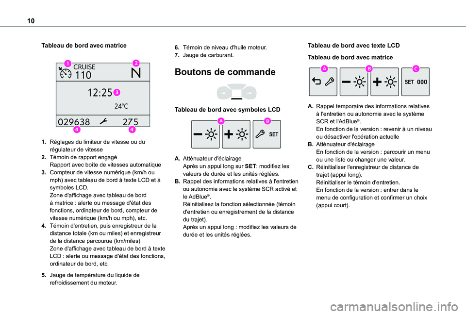 TOYOTA PROACE CITY VERSO 2019  Manuel du propriétaire (in French) 10
Tableau de bord avec matrice 
 
1.Réglages du limiteur de vitesse ou du régulateur de vitesse
2.Témoin de rapport engagéRapport avec boîte de vitesses automatique
3.Compteur de vitesse numéri