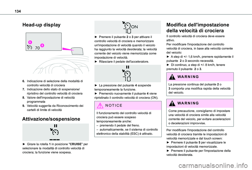 TOYOTA PROACE CITY VERSO 2019  Manuale duso (in Italian) 134
Head-up display 
 
6.Indicazione di selezione della modalità di controllo velocità di crociera
7.Indicazione dello stato di sospensione/ripristino del controllo velocità di crociera
8.Valore de