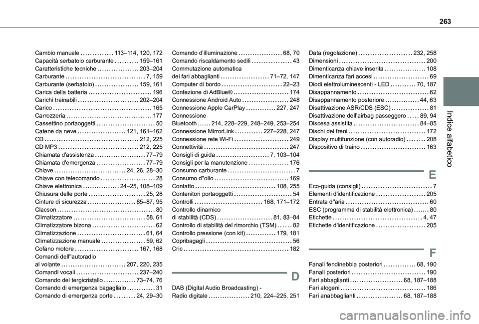 TOYOTA PROACE CITY VERSO 2019 Manuale duso (in Italian) 263
Indice alfabetico
Cambio manuale 11 3–11 4, 120, 172Capacità serbatoio carburante 159–161Caratteristiche tecniche 203–204Carburante 7, 159Carburante (serbatoio) 159, 161Carica del TOYOTA PROACE CITY VERSO 2019 Manuale duso (in Italian) 263
Indice alfabetico
Cambio manuale 11 3–11 4, 120, 172Capacità serbatoio carburante 159–161Caratteristiche tecniche 203–204Carburante 7, 159Carburante (serbatoio) 159, 161Carica del