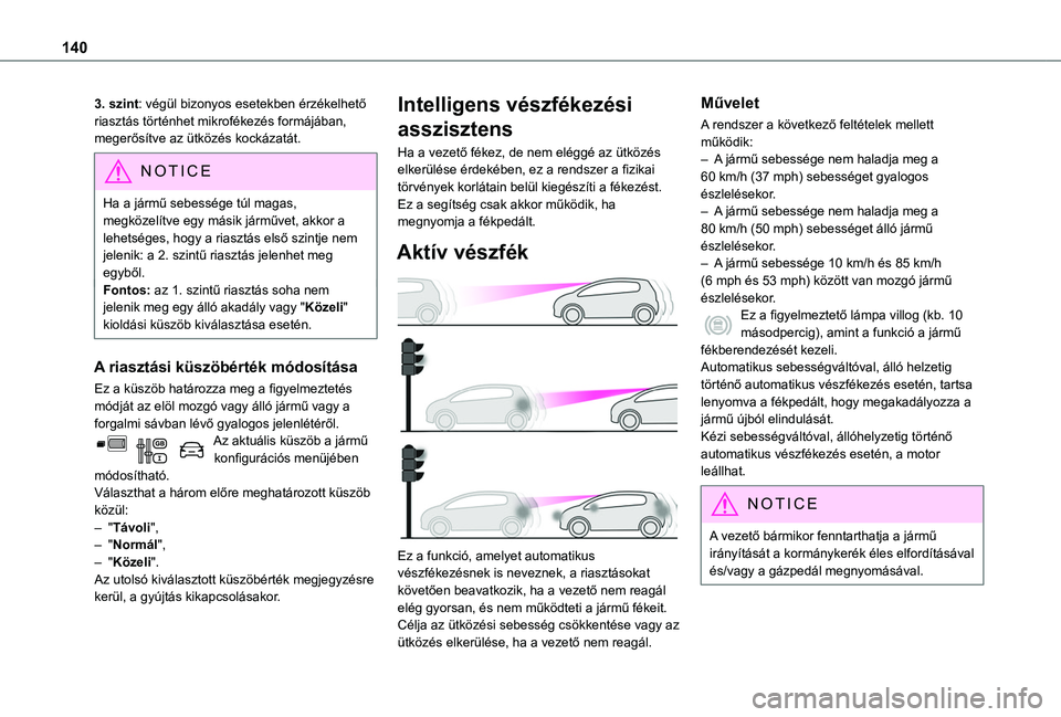 TOYOTA PROACE CITY VERSO 2019 Kezelési útmutató (in Hungarian) 140
3. szint: végül bizonyos esetekben érzékelhető riasztás történhet mikrofékezés formájában, megerősítve az ütközés kockázatát.
NOTIC E
Ha a jármű sebessége túl magas, megköz TOYOTA PROACE CITY VERSO 2019 Kezelési útmutató (in Hungarian) 140
3. szint: végül bizonyos esetekben érzékelhető riasztás történhet mikrofékezés formájában, megerősítve az ütközés kockázatát.
NOTIC E
Ha a jármű sebessége túl magas, megköz
