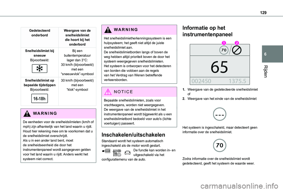 TOYOTA PROACE CITY VERSO 2019 Instructieboekje (in Dutch) 129
Rijden
6
Gedetecteerd onderbordWeergave van de snelheidslimiet die hoort bij het onderbord
Snelheidslimiet bij sneeuwBijvoorbeeld:
Bij een buitentemperatuur lager dan 3°C:30 km/h (bijvoorbeeld TOYOTA PROACE CITY VERSO 2019 Instructieboekje (in Dutch) 129
Rijden
6
Gedetecteerd onderbordWeergave van de snelheidslimiet die hoort bij het onderbord
Snelheidslimiet bij sneeuwBijvoorbeeld:
Bij een buitentemperatuur lager dan 3°C:30 km/h (bijvoorbeeld