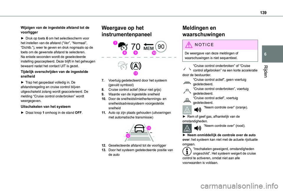 TOYOTA PROACE CITY VERSO 2019 Instructieboekje (in Dutch) 139
Rijden
6
Wijzigen van de ingestelde afstand tot de voorligger
► Druk op toets 6 om het selectiescherm voor het instellen van de afstand (“Ver”, “Normaal”, “Dichtb.”), weer te geven e TOYOTA PROACE CITY VERSO 2019 Instructieboekje (in Dutch) 139
Rijden
6
Wijzigen van de ingestelde afstand tot de voorligger
► Druk op toets 6 om het selectiescherm voor het instellen van de afstand (“Ver”, “Normaal”, “Dichtb.”), weer te geven e