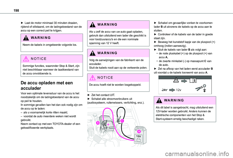 TOYOTA PROACE CITY VERSO 2019 Instructieboekje (in Dutch) 198
► Laat de motor minimaal 30 minuten draaien, rijdend of stilstaand, om de ladingstoestand van de accu op een correct peil te krijgen.
WARNI NG
Neem de kabels in omgekeerde volgorde los.
NOTIC E TOYOTA PROACE CITY VERSO 2019 Instructieboekje (in Dutch) 198
► Laat de motor minimaal 30 minuten draaien, rijdend of stilstaand, om de ladingstoestand van de accu op een correct peil te krijgen.
WARNI NG
Neem de kabels in omgekeerde volgorde los.
NOTIC E