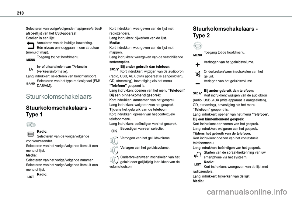 TOYOTA PROACE CITY VERSO 2019 Instructieboekje (in Dutch) 210
Selecteren van vorige/volgende map/genre/artiest/afspeellijst van het USB-apparaat.Scrollen in een lijst.Annuleren van de huidige bewerking.Eén niveau omhooggaan in een structuur (menu of map).To TOYOTA PROACE CITY VERSO 2019 Instructieboekje (in Dutch) 210
Selecteren van vorige/volgende map/genre/artiest/afspeellijst van het USB-apparaat.Scrollen in een lijst.Annuleren van de huidige bewerking.Eén niveau omhooggaan in een structuur (menu of map).To