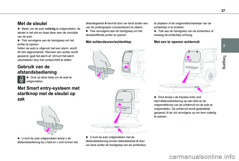 TOYOTA PROACE CITY VERSO 2019  Instructieboekje (in Dutch) 27
Toegang
2
Met de sleutel
► Steek, om de auto volledig te ontgrendelen, de sleutel in het slot en draai deze naar de voorzijde van de auto.► Trek vervolgens aan de handgreep om het portier te op