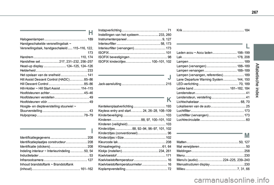 TOYOTA PROACE CITY VERSO 2019  Instructieboekje (in Dutch) 267
Alfabetische index
H
Halogeenlampen   189Handgeschakelde versnellingsbak ~ Versnellingsbak, handgeschakeld   11 5–11 6, 122,  173Handrem   11 0, 174Handsfree set   217, 231–232, 256–257Head-