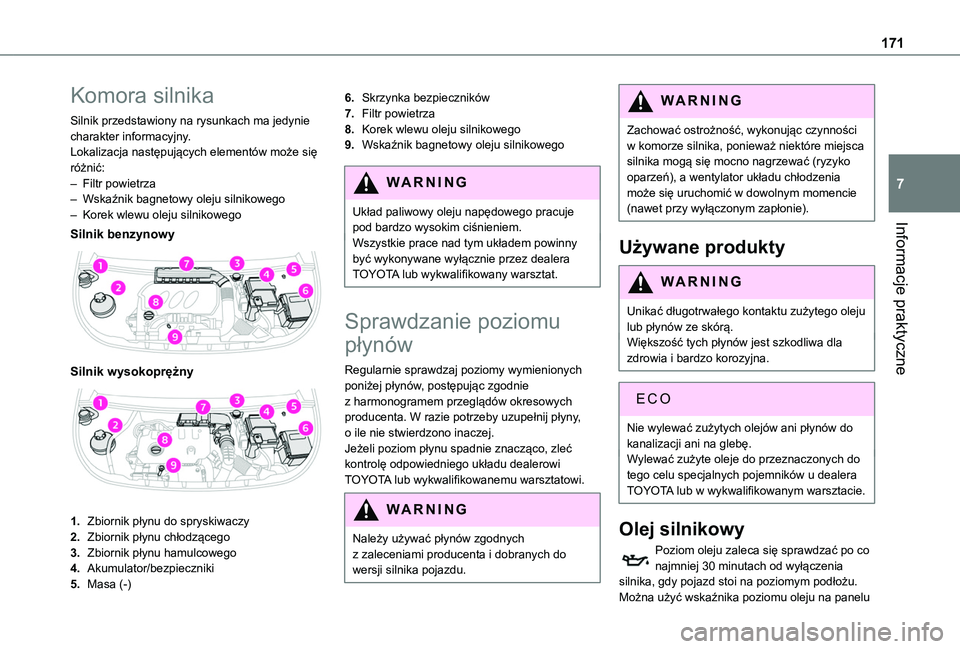 TOYOTA PROACE CITY VERSO 2019  Instrukcja obsługi (in Polish) 171
Informacje praktyczne
7
Komora silnika
Silnik przedstawiony na rysunkach ma jedynie charakter informacyjny.Lokalizacja następujących elementów może się różnić:– Filtr powietrza– Wskaź