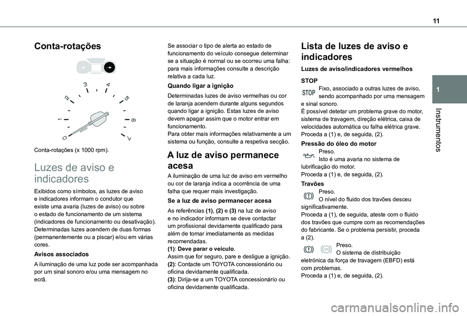 TOYOTA PROACE CITY VERSO 2019 Manual de utilização (in Portuguese) 11
Instrumentos
1
Conta-rotações
Conta-rotações (x 1000 rpm).
Luzes de aviso e
indicadores
Exibidos como símbolos, as luzes de aviso e indicadores informam o condutor que existe uma avaria TOYOTA PROACE CITY VERSO 2019 Manual de utilização (in Portuguese) 11
Instrumentos
1
Conta-rotações
Conta-rotações (x 1000 rpm).
Luzes de aviso e
indicadores
Exibidos como símbolos, as luzes de aviso e indicadores informam o condutor que existe uma avaria