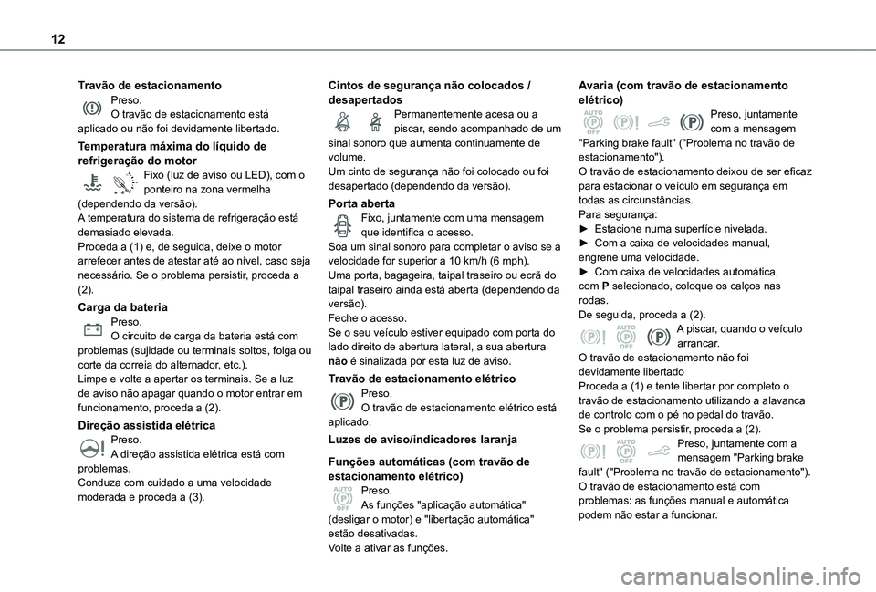 TOYOTA PROACE CITY VERSO 2019 Manual de utilização (in Portuguese) 12
Travão de estacionamentoPreso.O travão de estacionamento está aplicado ou não foi devidamente libertado.
Temperatura máxima do líquido de refrigeração do motor
90°CFixo (luz de aviso ou L TOYOTA PROACE CITY VERSO 2019 Manual de utilização (in Portuguese) 12
Travão de estacionamentoPreso.O travão de estacionamento está aplicado ou não foi devidamente libertado.
Temperatura máxima do líquido de refrigeração do motor
90°CFixo (luz de aviso ou L