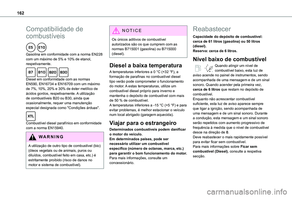 TOYOTA PROACE CITY VERSO 2019  Manual de utilização (in Portuguese) 162
Compatibilidade de 
combustíveis  
Gasolina em conformidade com a norma EN228 com um máximo de 5% e 10% de etanol, respetivamente.  
Diesel em conformidade com as normas EN590, EN16734 e EN16709