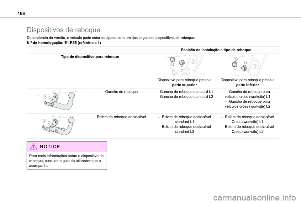 TOYOTA PROACE CITY VERSO 2019  Manual de utilização (in Portuguese) 166
Dispositivos de reboque
Dependendo da versão, o veículo pode estar equipado com um dos seguintes dispositivos de reboque:N.º de homologação: E1 R55 (referência 1)
Posição de instalação e