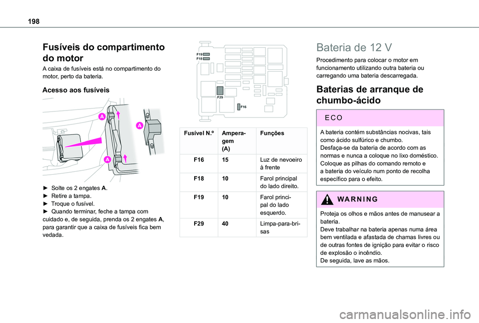 TOYOTA PROACE CITY VERSO 2019 Manual de utilização (in Portuguese) 198
Fusíveis do compartimento
do motor
A caixa de fusíveis está no compartimento do motor, perto da bateria.
Acesso aos fusíveis
► Solte os 2 engates A.► Retire a tampa.► Troque o fusív TOYOTA PROACE CITY VERSO 2019 Manual de utilização (in Portuguese) 198
Fusíveis do compartimento
do motor
A caixa de fusíveis está no compartimento do motor, perto da bateria.
Acesso aos fusíveis
► Solte os 2 engates A.► Retire a tampa.► Troque o fusív