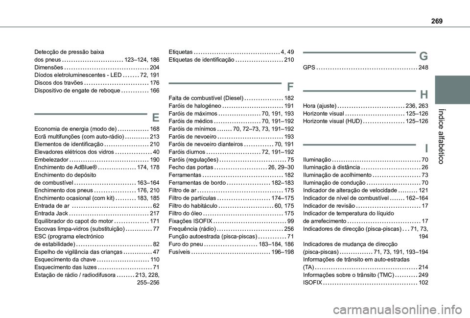 TOYOTA PROACE CITY VERSO 2019  Manual de utilização (in Portuguese) 269
Índice alfabético
Detecção de pressão baixa  dos pneus   123–124, 186Dimensões   204Díodos eletroluminescentes - LED   72, 191Discos dos travões   176Dispositivo de engate de reboque   1