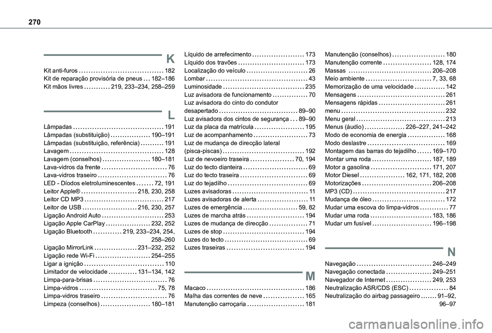TOYOTA PROACE CITY VERSO 2019  Manual de utilização (in Portuguese) 270
K
Kit anti-furos   182Kit de reparação provisória de pneus   182–186Kit mãos livres   219, 233–234, 258–259
L
Lâmpadas   191Lâmpadas (substituição)   190–191Lâmpadas (substituiç