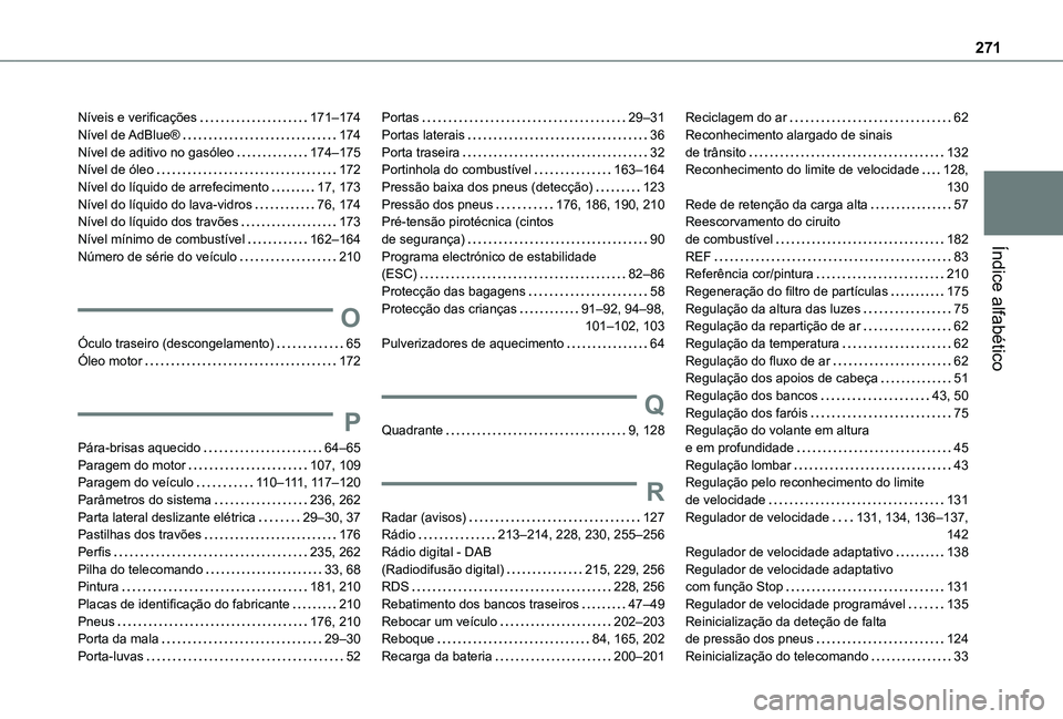 TOYOTA PROACE CITY VERSO 2019  Manual de utilização (in Portuguese) 271
Índice alfabético
Níveis e verificações   171–174Nível  de AdBlue®   174Nível de aditivo no gasóleo   174–175Nível de óleo   172Nível do líquido de arrefecimento   17, 173Nível d