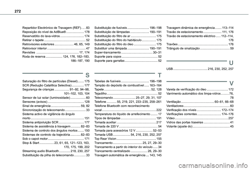 TOYOTA PROACE CITY VERSO 2019  Manual de utilização (in Portuguese) 272
Repartidor Electrónico de Travagem (REF)   83Reposição do nível de AdBlue®   178Reservatótio do lava-vidros   174Retirar o tapete   52Retrovisores exteriores   46, 65, 149Retrovisor interior