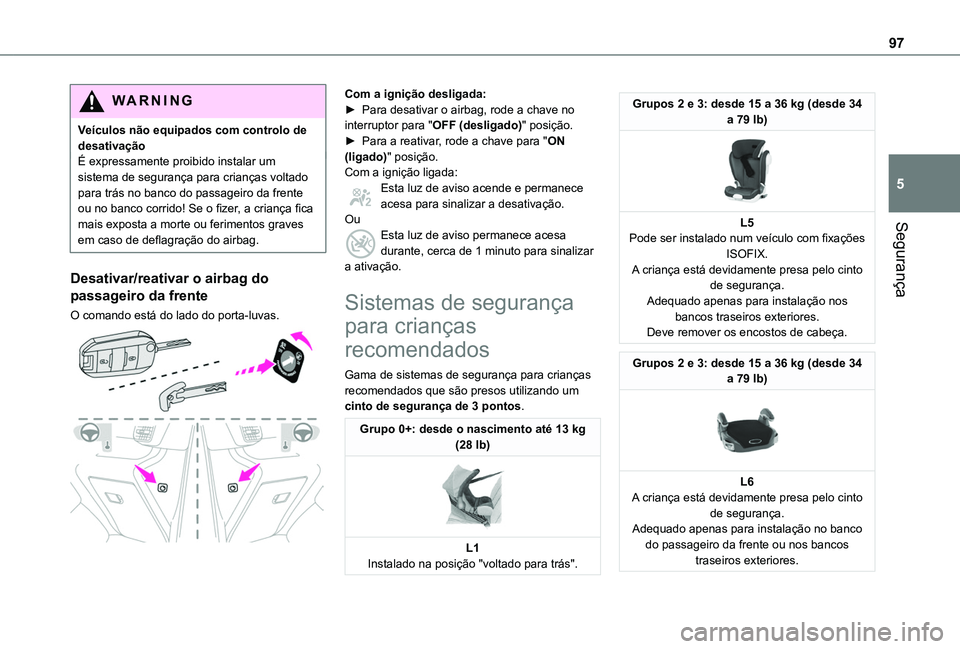 TOYOTA PROACE CITY VERSO 2019  Manual de utilização (in Portuguese) 97
Segurança
5
WARNI NG
Veículos não equipados com controlo de desativaçãoÉ expressamente proibido instalar um sistema de segurança para crianças voltado para trás no banco do passageiro da f