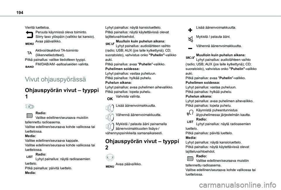 TOYOTA PROACE CITY VERSO 2019 Omistajan Käsikirja (in Finnish) 194
Vieritä luetteloa.Peruuta käynnissä oleva toiminto.Siirry taso ylöspäin (valikko tai kansio).Avaa päävalikko.
Aktivoi/deaktivoi TA-toiminto (liikennetiedotteet).Pitkä painallus: valitse t TOYOTA PROACE CITY VERSO 2019 Omistajan Käsikirja (in Finnish) 194
Vieritä luetteloa.Peruuta käynnissä oleva toiminto.Siirry taso ylöspäin (valikko tai kansio).Avaa päävalikko.
Aktivoi/deaktivoi TA-toiminto (liikennetiedotteet).Pitkä painallus: valitse t