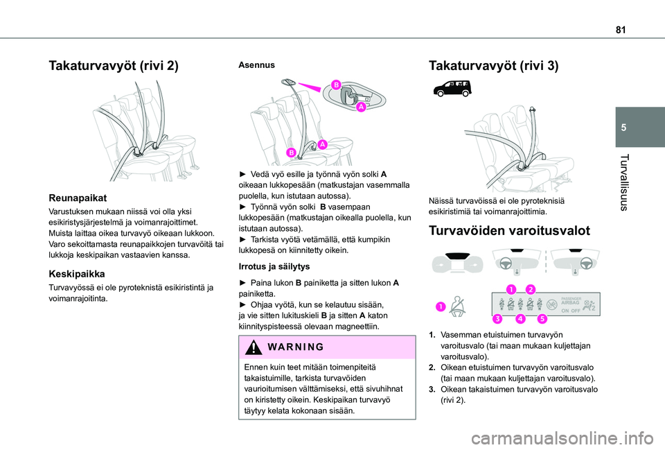 TOYOTA PROACE CITY VERSO 2019  Omistajan Käsikirja (in Finnish) 81
Turvallisuus
5
Takaturvavyöt (rivi 2) 
 
Reunapaikat
Varustuksen mukaan niissä voi olla yksi esikiristysjärjestelmä ja voimanrajoittimet.Muista laittaa oikea turvavyö oikeaan lukkoon.Varo seko