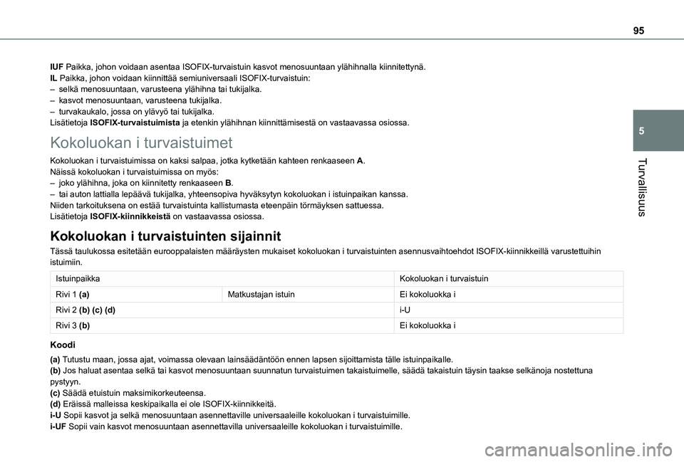 TOYOTA PROACE CITY VERSO 2019  Omistajan Käsikirja (in Finnish) 95
Turvallisuus
5
IUF Paikka, johon voidaan asentaa ISOFIX-turvaistuin kasvot menosuuntaan yl\
ähihnalla kiinnitettynä.IL Paikka, johon voidaan kiinnittää semiuniversaali ISOFIX-turvaistu\
in:– 