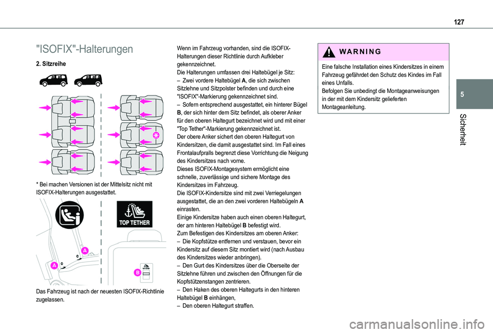 TOYOTA PROACE CITY VERSO EV 2022 Betriebsanleitungen (in German) 127
Sicherheit
5
"ISOFIX"-Halterungen
2. Sitzreihe
* Bei machen Versionen ist der Mittelsitz nicht mit ISOFIX-Halterungen ausgestattet.
Das Fahrzeug ist nach der neuesten ISOFIX-Richt TOYOTA PROACE CITY VERSO EV 2022 Betriebsanleitungen (in German) 127
Sicherheit
5
"ISOFIX"-Halterungen
2. Sitzreihe
* Bei machen Versionen ist der Mittelsitz nicht mit ISOFIX-Halterungen ausgestattet.
Das Fahrzeug ist nach der neuesten ISOFIX-Richt