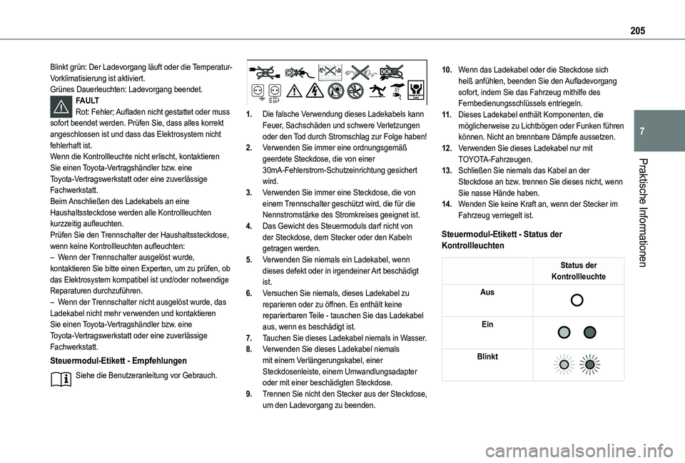 TOYOTA PROACE CITY VERSO EV 2022  Betriebsanleitungen (in German) 205
Praktische Informationen
7
Blinkt grün: Der Ladevorgang läuft oder die Temperatur-Vorklimatisierung ist aktiviert.Grünes Dauerleuchten: Ladevorgang beendet.FAULTRot: Fehler; Aufladen nicht gest