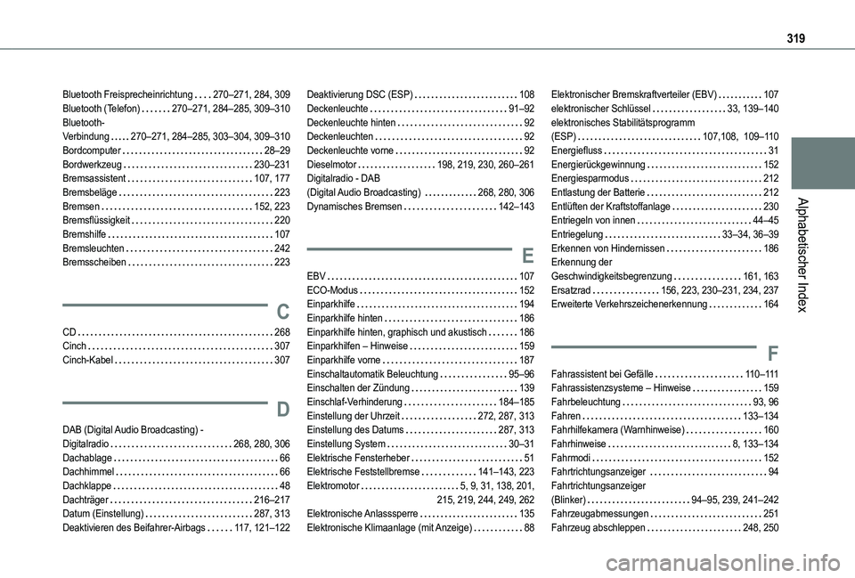 TOYOTA PROACE CITY VERSO EV 2022 Betriebsanleitungen (in German) 319
Alphabetischer Index
Bluetooth Freisprecheinrichtung 270–271, 284, 309Bluetooth (Telefon) 270–271, 284–285, 309–310Bluetooth- Verbindung 270–271, 284–285, 303–304, 309–310Bor TOYOTA PROACE CITY VERSO EV 2022 Betriebsanleitungen (in German) 319
Alphabetischer Index
Bluetooth Freisprecheinrichtung 270–271, 284, 309Bluetooth (Telefon) 270–271, 284–285, 309–310Bluetooth- Verbindung 270–271, 284–285, 303–304, 309–310Bor