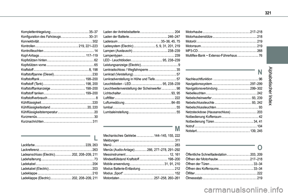 TOYOTA PROACE CITY VERSO EV 2022 Betriebsanleitungen (in German) 321
Alphabetischer Index
Komplettentriegelung 35–37Konfiguration des Fahrzeugs 30–31Konnektivität 302Kontrollen 219, 221–223Kontrollleuchten 14Kopf-Airbags 11 7–11 9Kopfstützen h TOYOTA PROACE CITY VERSO EV 2022 Betriebsanleitungen (in German) 321
Alphabetischer Index
Komplettentriegelung 35–37Konfiguration des Fahrzeugs 30–31Konnektivität 302Kontrollen 219, 221–223Kontrollleuchten 14Kopf-Airbags 11 7–11 9Kopfstützen h