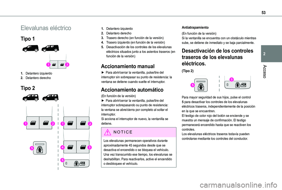 TOYOTA PROACE CITY VERSO EV 2022  Manual del propietario (in Spanish) 53
Acceso
2
Elevalunas eléctrico
Tipo 1 
 
1.Delantero izquierdo
2.Delantero derecho
Tipo 2 
 
1.Delantero izquierdo
2.Delantero derecho
3.Trasero derecho (en función de la versión)
4.Trasero izqui