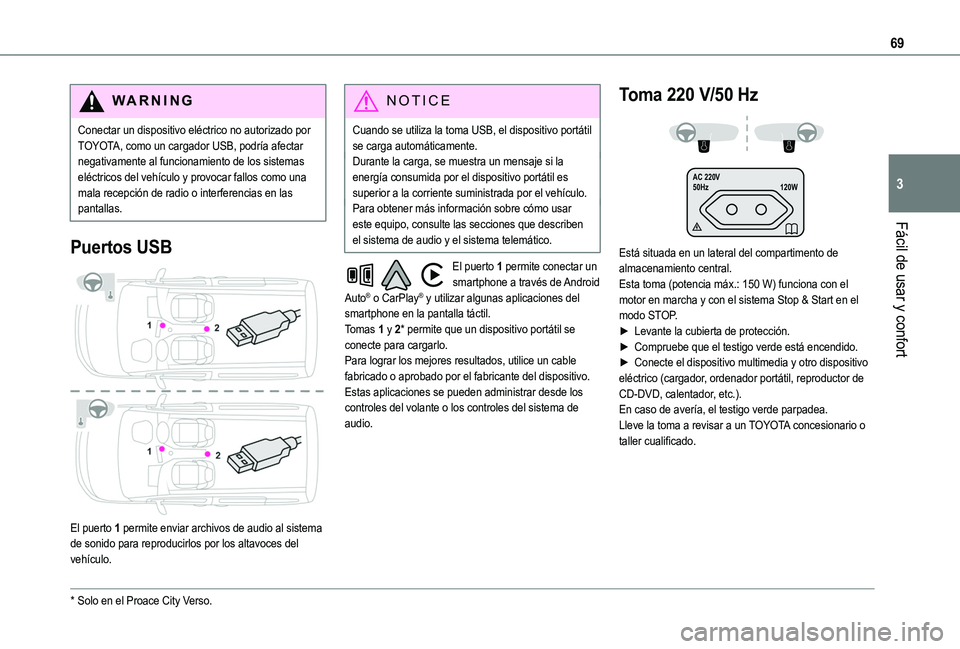 TOYOTA PROACE CITY VERSO EV 2022 Manual del propietario (in Spanish) 69
Fácil de usar y confort
3
WARNI NG
Conectar un dispositivo eléctrico no autorizado por TOYOTA, como un cargador USB, podría afectar negativamente al funcionamiento de los sistemas eléctricos de TOYOTA PROACE CITY VERSO EV 2022 Manual del propietario (in Spanish) 69
Fácil de usar y confort
3
WARNI NG
Conectar un dispositivo eléctrico no autorizado por TOYOTA, como un cargador USB, podría afectar negativamente al funcionamiento de los sistemas eléctricos de