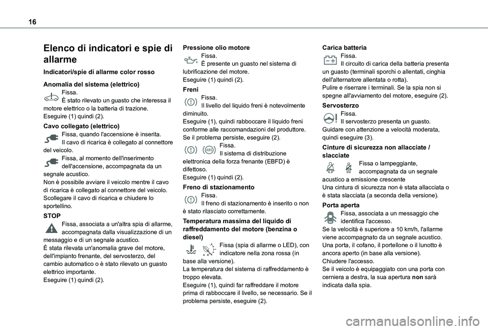 TOYOTA PROACE CITY VERSO EV 2022  Manuale duso (in Italian) 16
Elenco di indicatori e spie di 
allarme
Indicatori/spie di allarme color rosso
Anomalia del sistema (elettrico)Fissa.È stato rilevato un guasto che interessa il motore elettrico o la batteria di t