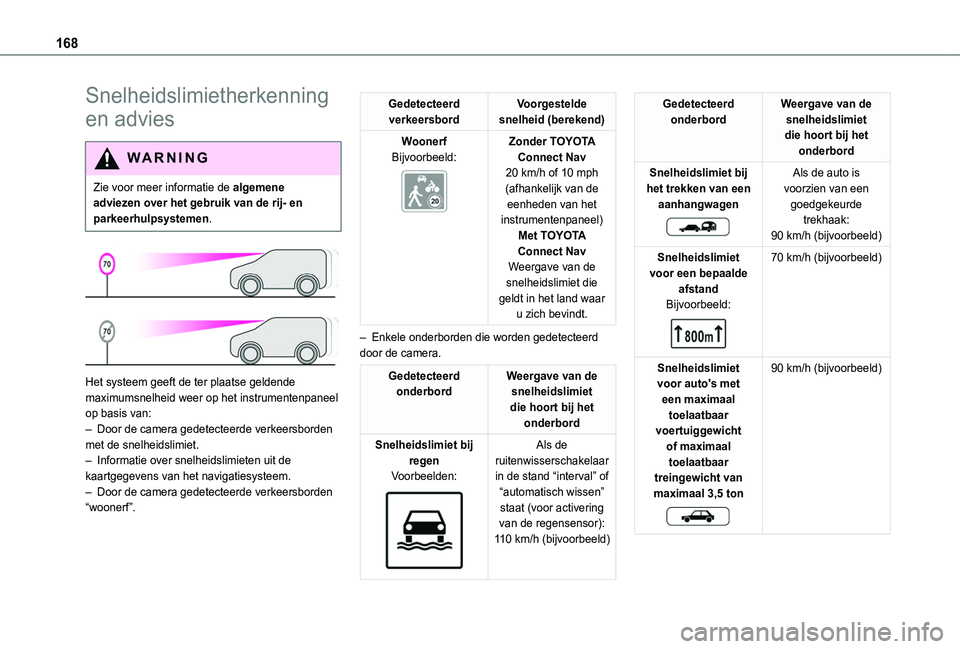 TOYOTA PROACE CITY VERSO EV 2022  Instructieboekje (in Dutch) 168
Snelheidslimietherkenning 
en advies
WARNI NG
Zie voor meer informatie de algemene adviezen over het gebruik van de rij- en parkeerhulpsystemen.
 
 
Het systeem geeft de ter plaatse geldende maxim