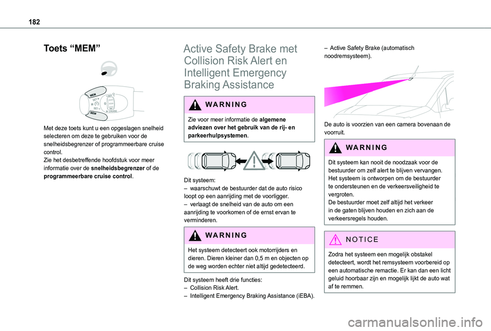 TOYOTA PROACE CITY VERSO EV 2022  Instructieboekje (in Dutch) 182
Toets “MEM” 
  
 
Met deze toets kunt u een opgeslagen snelheid selecteren om deze te gebruiken voor de snelheidsbegrenzer of programmeerbare cruise control.Zie het desbetreffende hoofdstuk vo