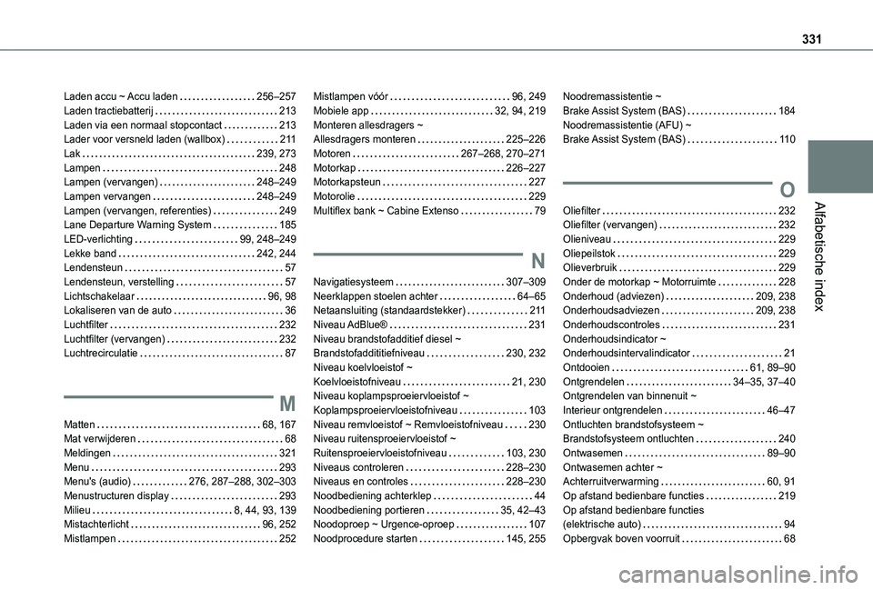 TOYOTA PROACE CITY VERSO EV 2022  Instructieboekje (in Dutch) 331
Alfabetische index
Laden accu ~ Accu laden   256–257Laden tractiebatterij   213Laden via een normaal stopcontact   213Lader voor versneld laden (wallbox)   2 11Lak   239, 273Lampen   248Lampen (