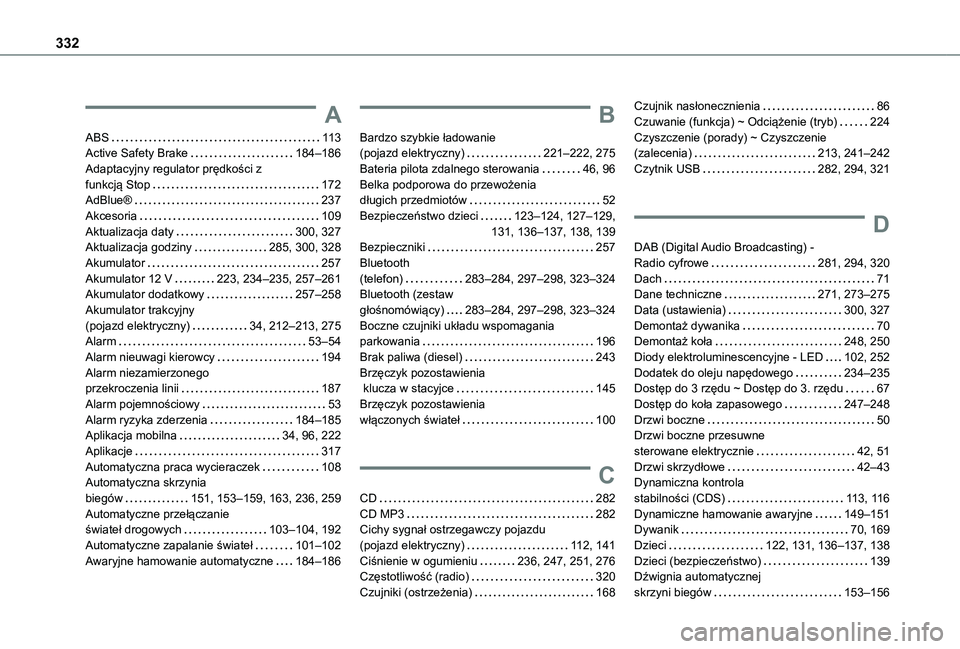 TOYOTA PROACE CITY VERSO EV 2022 Instrukcja obsługi (in Polish) 332
A
ABS 11 3Active Safety Brake 184–186Adaptacyjny regulator prędkości z funkcją Stop 172AdBlue® 237Akcesoria 109Aktualizacja daty 300, 327Aktualizacja godziny 285, 300, 328Akum TOYOTA PROACE CITY VERSO EV 2022 Instrukcja obsługi (in Polish) 332
A
ABS 11 3Active Safety Brake 184–186Adaptacyjny regulator prędkości z funkcją Stop 172AdBlue® 237Akcesoria 109Aktualizacja daty 300, 327Aktualizacja godziny 285, 300, 328Akum