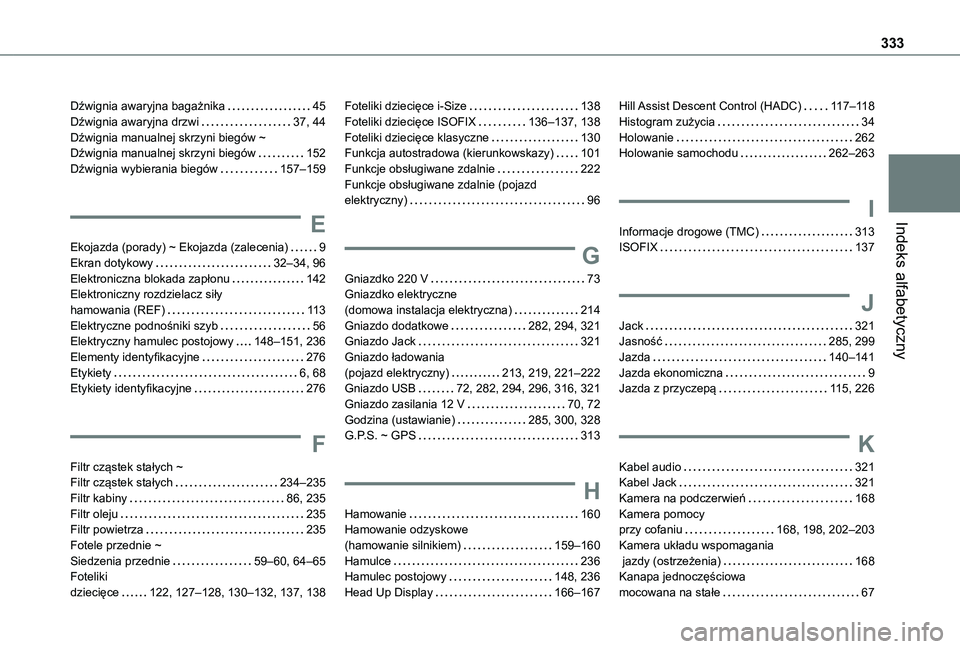 TOYOTA PROACE CITY VERSO EV 2022 Instrukcja obsługi (in Polish) 333
Indeks alfabetyczny
Dźwignia awaryjna bagażnika 45Dźwignia awaryjna drzwi 37, 44Dźwignia manualnej skrzyni biegów ~ Dźwignia manualnej skrzyni biegów 152Dźwignia wybierania biegów TOYOTA PROACE CITY VERSO EV 2022 Instrukcja obsługi (in Polish) 333
Indeks alfabetyczny
Dźwignia awaryjna bagażnika 45Dźwignia awaryjna drzwi 37, 44Dźwignia manualnej skrzyni biegów ~ Dźwignia manualnej skrzyni biegów 152Dźwignia wybierania biegów