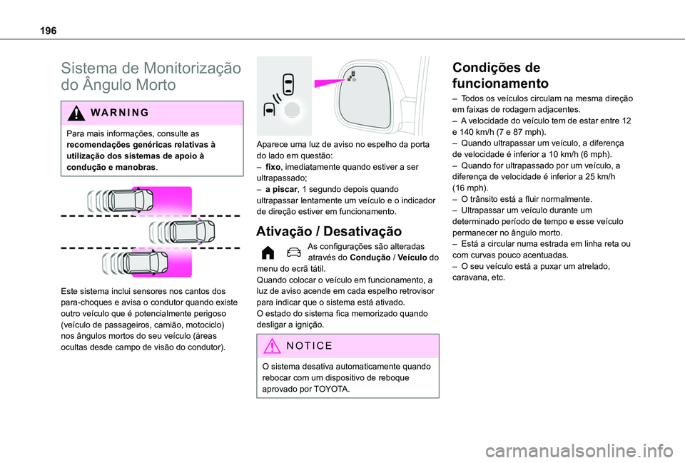 TOYOTA PROACE CITY VERSO EV 2022  Manual de utilização (in Portuguese) 196
Sistema de Monitorização 
do Ângulo Morto
WARNI NG
Para mais informações, consulte as recomendações genéricas relativas à utilização dos sistemas de apoio à condução e manobras.
 
 
