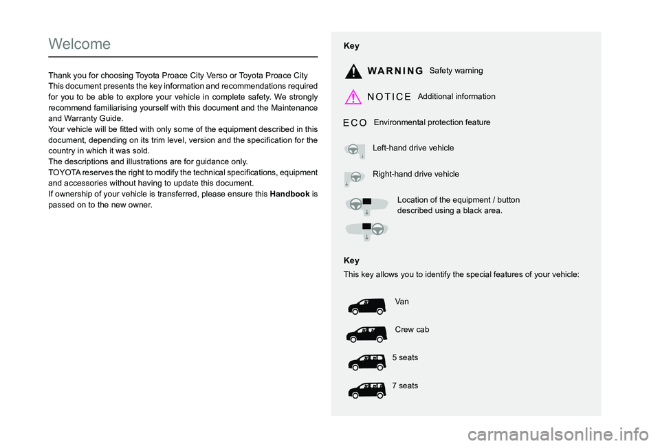 TOYOTA PROACE CITY VERSO EV 2021 Owners Manual
Welcome
Thank you for choosing Toyota Proace City Verso or Toyota Proace CityThis document presents the key information and recommendations required fo TOYOTA PROACE CITY VERSO EV 2021 Owners Manual
Welcome
Thank you for choosing Toyota Proace City Verso or Toyota Proace CityThis document presents the key information and recommendations required fo